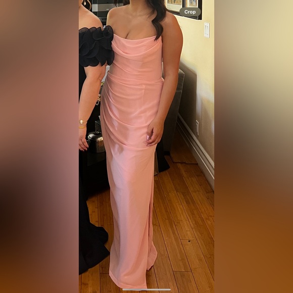 HOUSE OF CB ADRIENNE DRESS - PINK QUARTZ GEORGETTE STRAPLESS GOWN - Picture 2 of 9